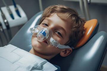 Child boy with an oxygen mask for anesthesia