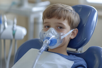 Child boy with an oxygen mask for anesthesia