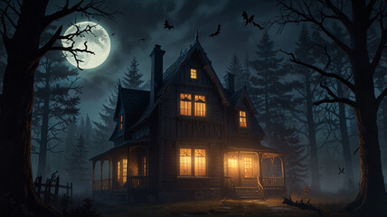 Fototapeta premium Werewolf Howling in Front of a Cozy Haunted House