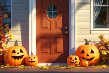 Fototapeta premium Illustration of entrance door of the house with decorations for Halloween and Thanksgiving day