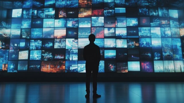 A person standing in front of a modern media display, ideal for technology or innovation themed projects