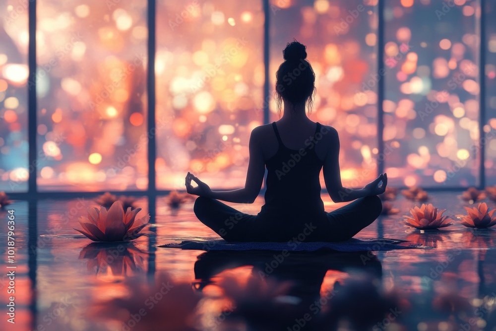 Poster a woman sits in a lotus position in front of a window, with calm and peaceful expression