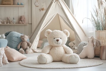Modern child room with big soft bear toy