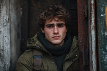 Obraz premium A young man dressed in casual attire with a green jacket and scarf, ideal for use in lifestyle or fashion photography