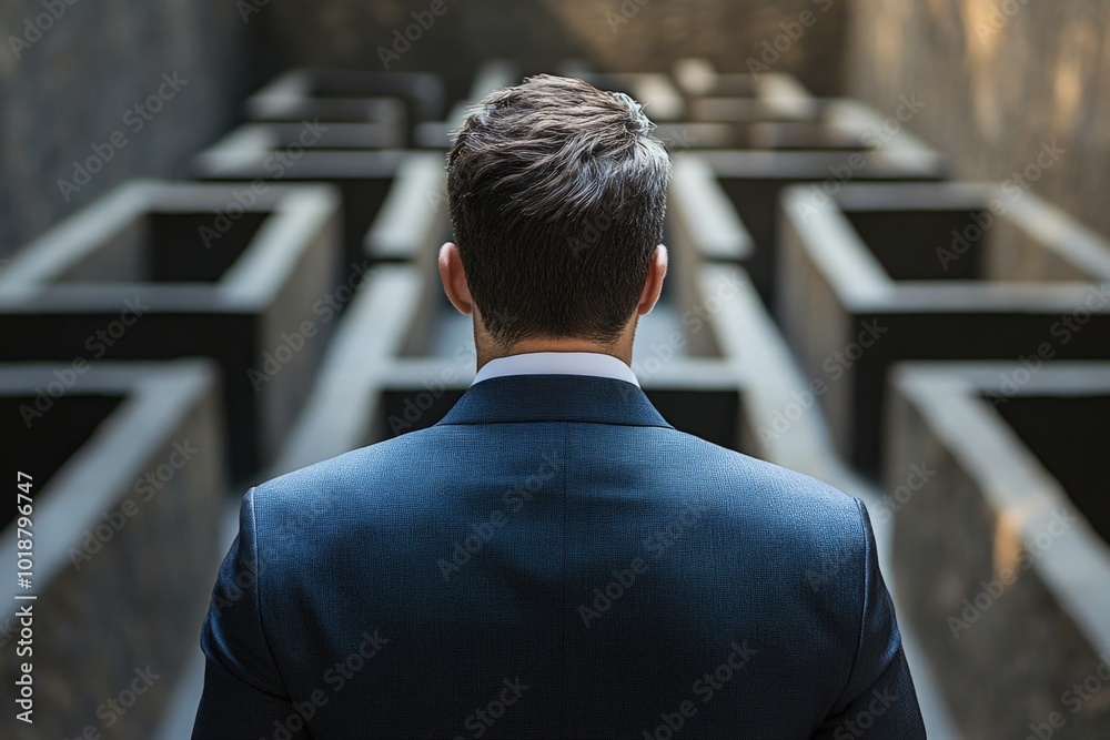 Poster a person wearing a suit stands in front of a complex maze, perfect for use in business or finance re