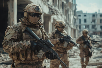 Fototapeta premium Soldier with assault rifle in military uniform is ready for storm in city streets