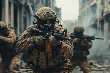 Soldier with assault rifle in military uniform is ready for storm in city streets
