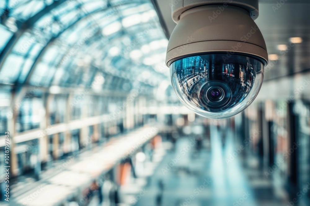 Poster a security camera mounted on a wall or ceiling of a building, often used for surveillance and monito