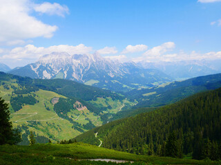 Fototapeta premium View on mountains near Saalbach Hinterglemm ski resort on a summer day