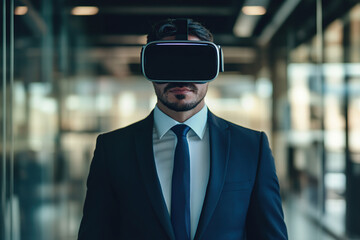 Young businessman using virtual reality glasses