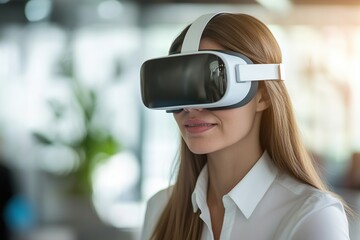 Young businesswoman using virtual reality glasses while working in modern office