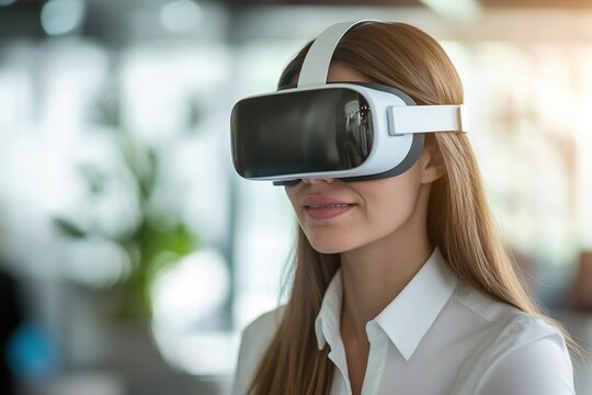Young businesswoman using virtual reality glasses while working in modern office