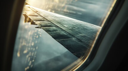 Obraz premium View of an airplane wing through the window as the sun shines through the clouds.