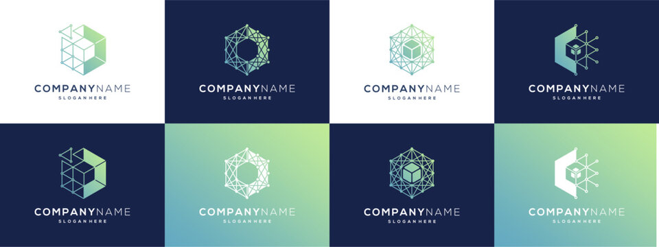 Abstract cube box hexagon with lines and dot connection logo design ideas. Creative vector illustration based icons template.