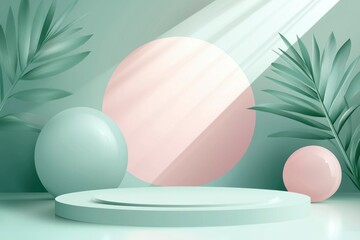 Fototapeta premium Green and Pink Geometric Product Display with Palm Leaves