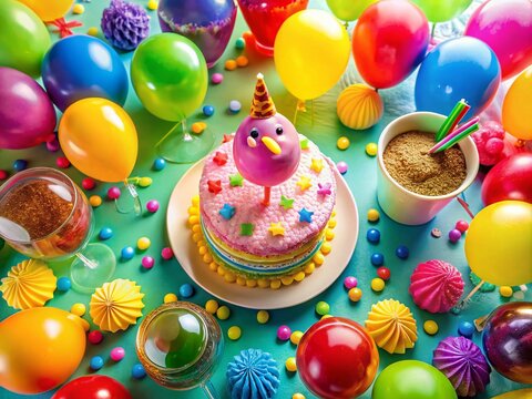 Humorous Birthday Celebrations with Colorful Balloons, Cake, and Whimsical Decorations for Fun Events
