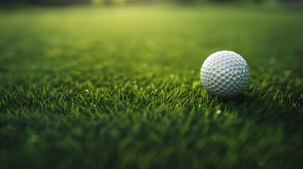 Golf ball on green grass with water drops, close up