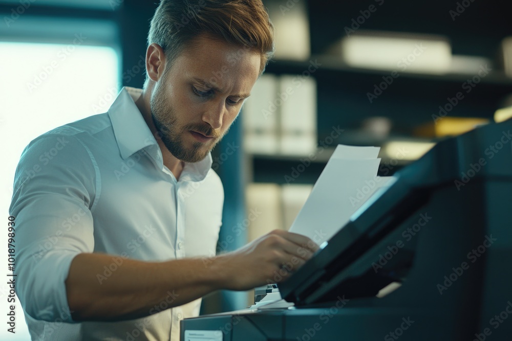 Poster a person examining a paper with focus and attention
