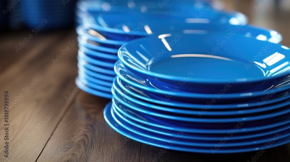 Poster stack of blue plates on a wooden table, suitable for food styling or as a background image