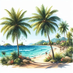 Fototapeta premium watercolor drawing of a summer sunny beach with palm trees