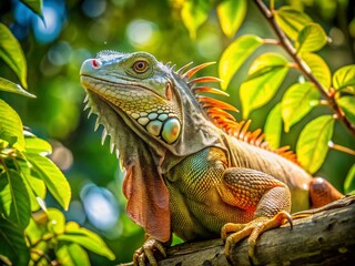 Fototapeta premium Impressive Large Iguana Relaxing on Branch in Natural Habitat Under Bright Sunlight and Green Leaves