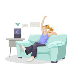A woman relaxing on a couch using smart technology at home. Vector illustration