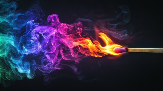 A lit match with colorful smoke on a black background.