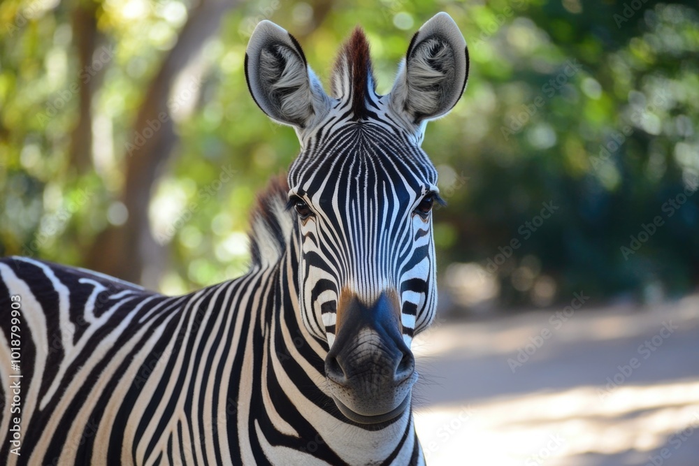 Poster A close-up photo of a zebra's face against a backdrop of trees, suitable for use as a design element or wildlife-themed illustration