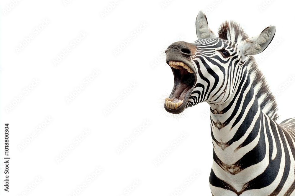 Poster close-up shot of a zebra's face with its mouth open, perfect for use in animal-themed designs or ill