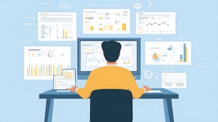 Flat vector illustration of an IT professional sitting at their desk, surrounded by data visualizations and graphs on the screen