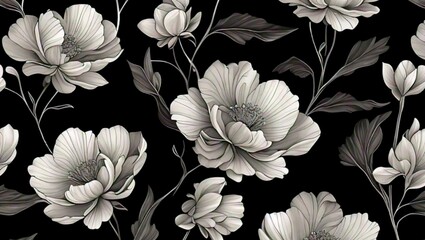 Monochromatic floral wallpaper with white flowers on a black background high quality 4k hd background 16:9 YouTube thumbnail 