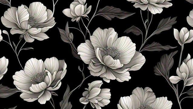Monochromatic floral wallpaper with white flowers on a black background high quality 4k hd background 16:9 YouTube thumbnail
