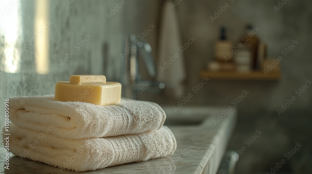 Poster stack of white towels resting on a countertop, perfect for bathroom or spa settings