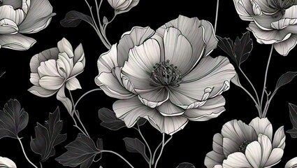 Monochromatic floral wallpaper with white flowers on a black background high quality 4k hd background 16:9 YouTube thumbnail 