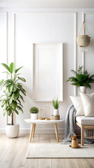 Mock up frame in cozy coastal home interior background, 3d render, white Mock up frame