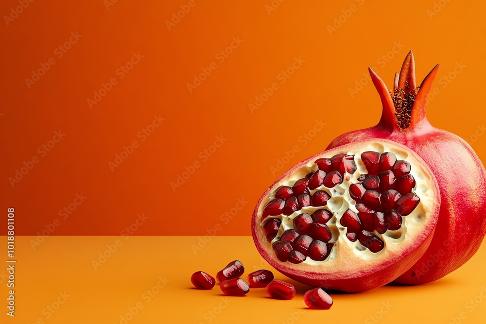 Poster simple minimalist design of a sliced pomegranate, representing the rich antioxidant benefits in a cl