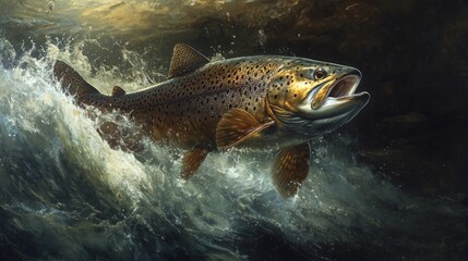 Fototapeta premium A brown trout leaps out of a rushing stream, splashing water.