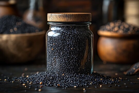 Black cumin seeds in a glass jar on a dark rustic background