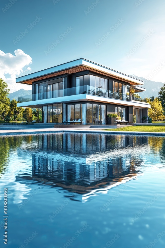 Poster a large house situated on the top of a lush green hillside, ideal for use as a landscape or architec