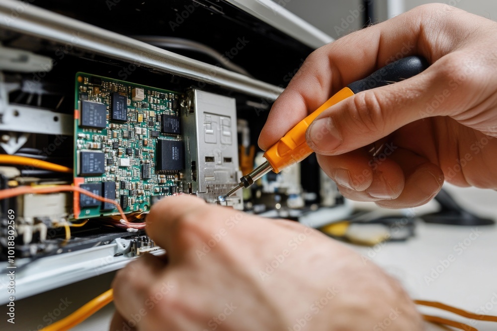 Poster A person repairs or assembles something using a computer and pliers, possibly in a DIY or technical setting