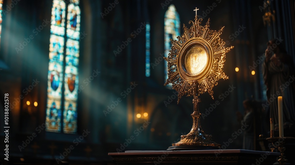 Poster a clock sits on a table in a church, providing a sense of time and place for worshippers