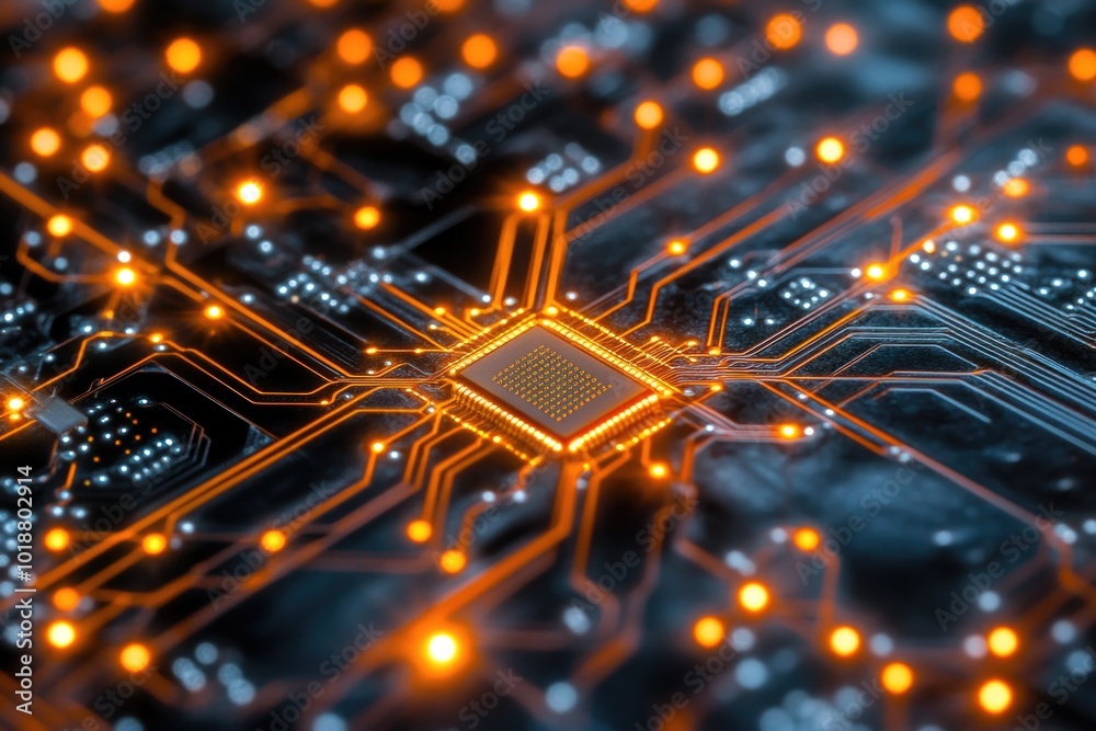 Poster A close-up shot of a circuit board with bright orange lights, suitable for use in technology or electronics-related contexts
