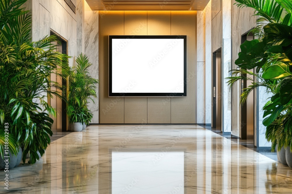 Poster a large digital display screen inside a modern building, suitable for corporate events or presentati