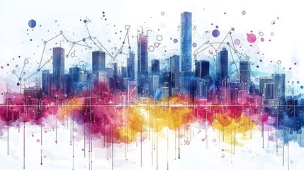 Colorful abstract city skyline with economic growth indicators