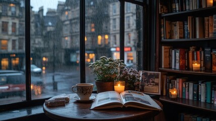 A cozy cafe table with a book, teacup, and candles, with a rainy city street view out the window.