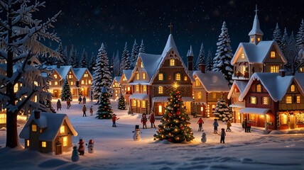 Fototapeta premium Snowy Village with Warm Glow at Christmas Night