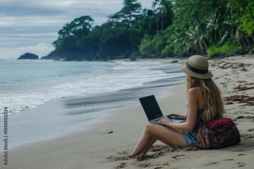 Sticker A woman sits on the beach with her laptop, perfect for a remote work setup or vacation inspiration