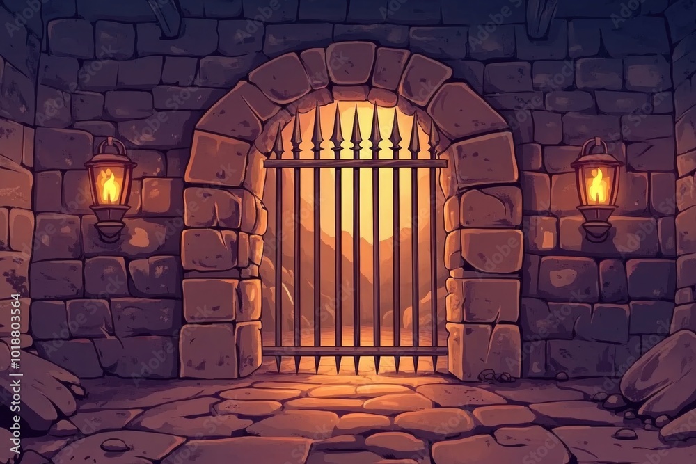 Poster a stone wall with a gate in the middle, suitable for various outdoor and architectural settings