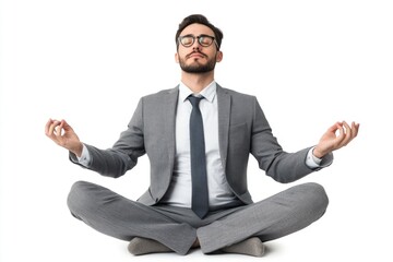 A man sitting cross-legged with closed eyes, appearing relaxed