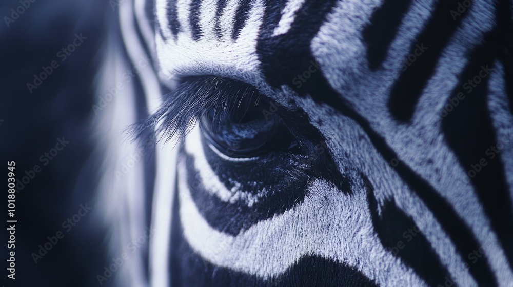 Poster a close-up shot of a zebra's eye, with distinctive stripes and expressive features